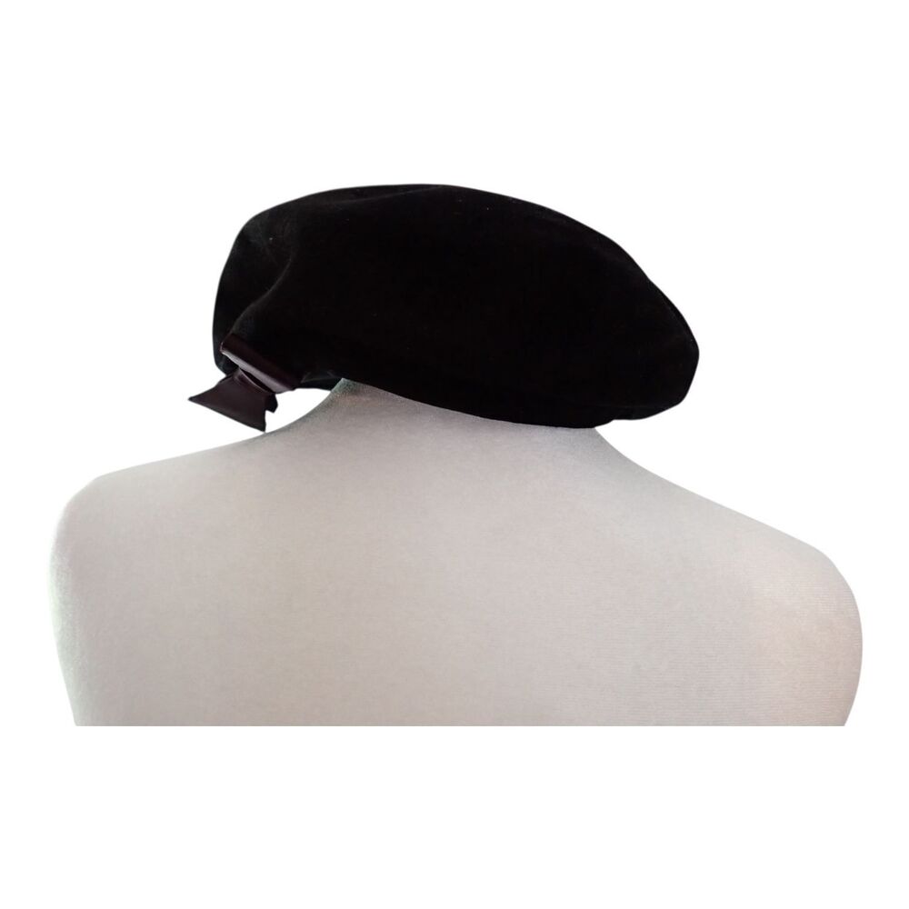 Chevalier French Hat Black Velvet Beret Burgundy Bow Vintage Italy Ohrbach's